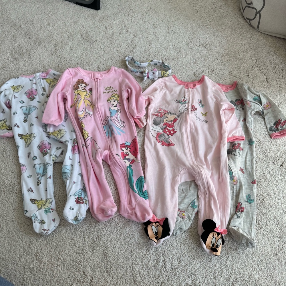 3-6M Disney Baby Minnie Mouse & Disney Princess Footie Coveralls Set of 4